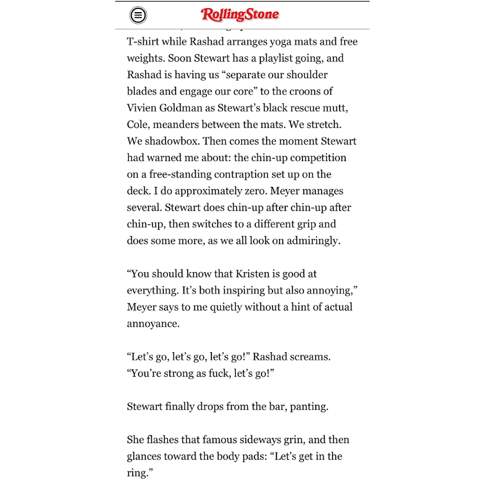 Rolling Stone article about Kristen Stewart training with Rashad